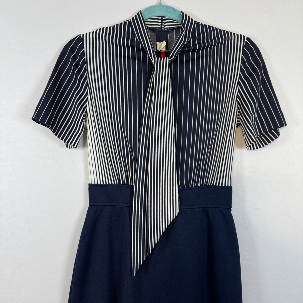 Vintage Leslie Fay Navy Blue Skirt Suit Set Striped Tie Secretary Career - Picture 5 of 16